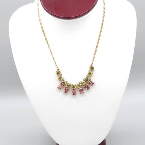 Gold Tone Necklace With Pink & Green CZ Prong Set Lobster Clasp - Picture 4 of 6